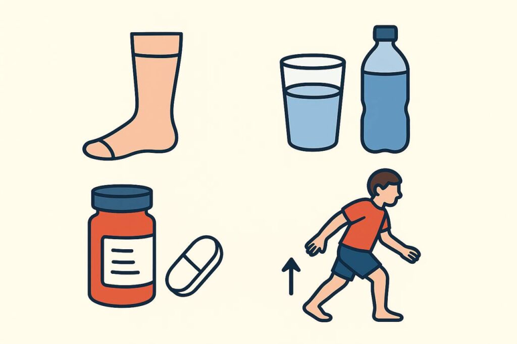 نصائح لعلاج انخفاض ضغط الدم عند الوقوف: الجوارب المرنة، الترطيب الجيد، تغيير الوضعيات ببطء، الأدوية.