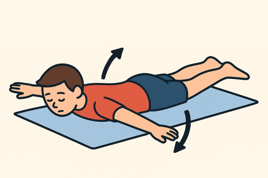 مريض مستلقي في وضعية prone يؤدي تمرين T لاستهداف عضلات الرومبويد والميدل ترابيزيوس